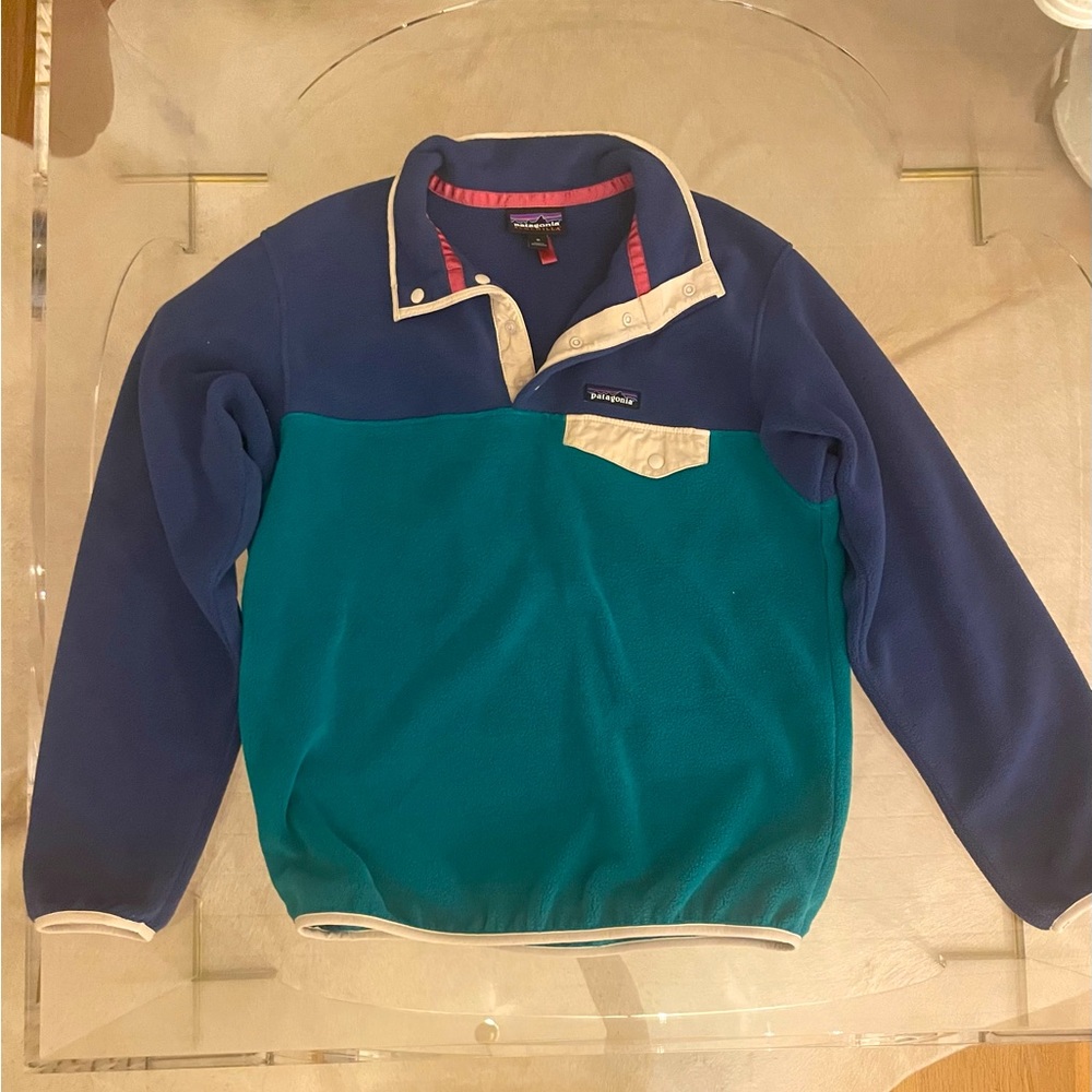 Patagonia 1/4 Pullover. Navy, Teal, and Cream.